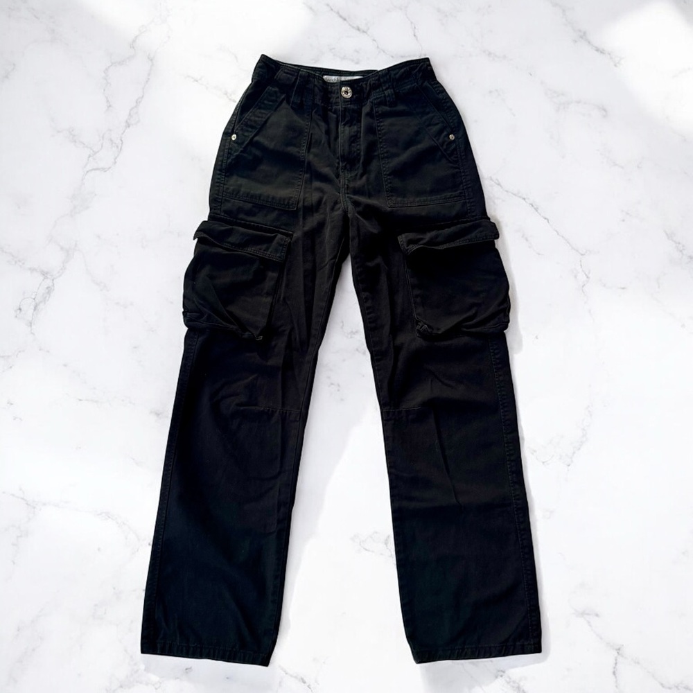 Bershka Cargo Pants Womens Sz 2 Black Mid-Rise Straight Cotton Utility Khakis